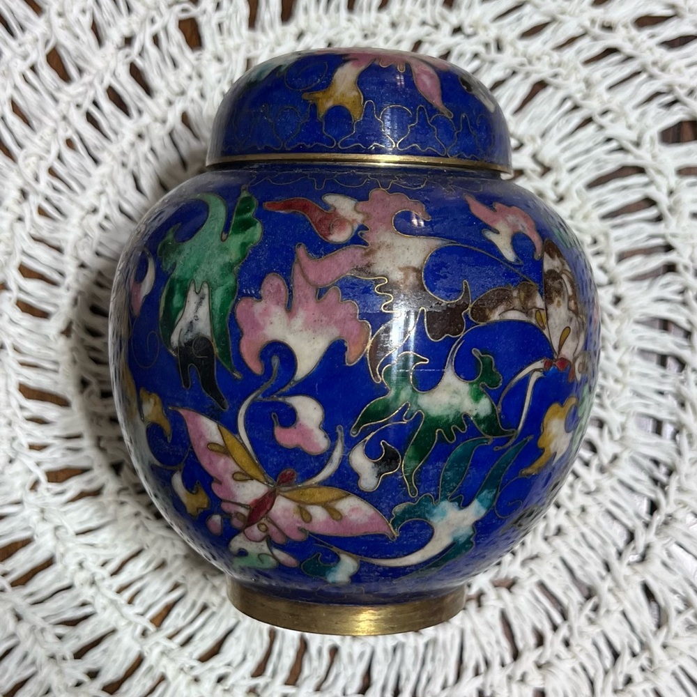 Vintage Beautiful Hand painted Cloisonné Enamel and Over Brass Ginger Jar.